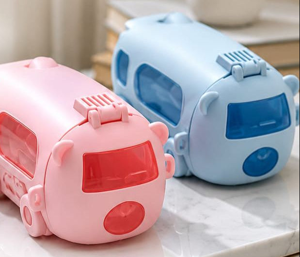 Kids Cartoon Bus Shape Water Bottle with Straw & Strap